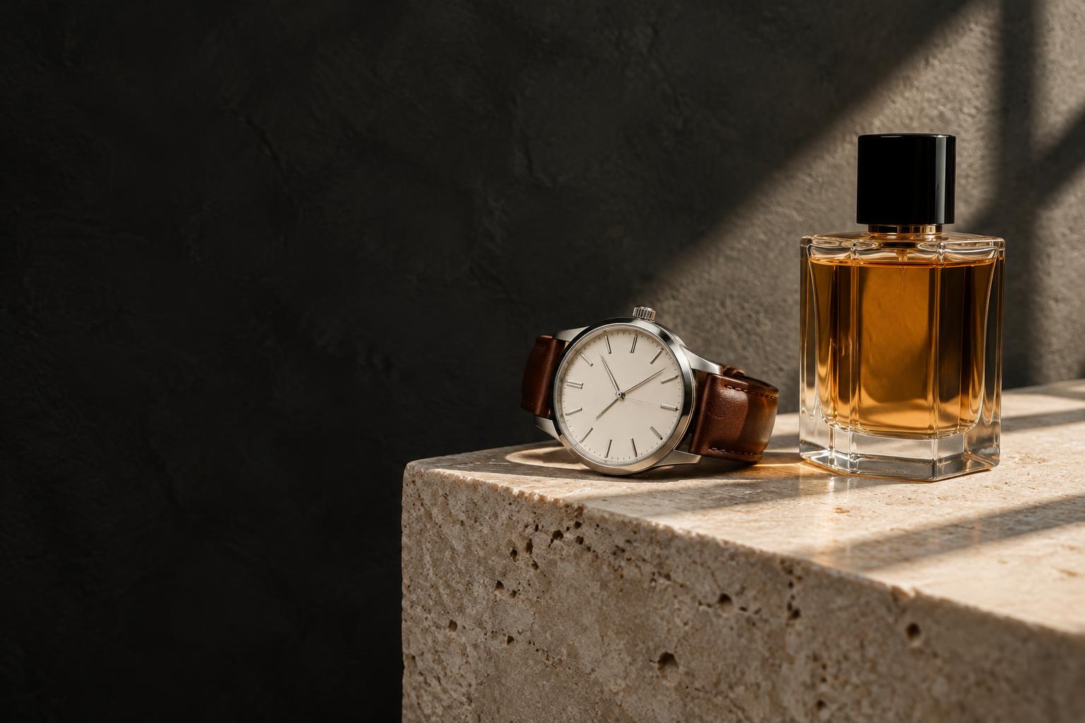 A classic wristwatch and amber perfume on a travertine pedestal